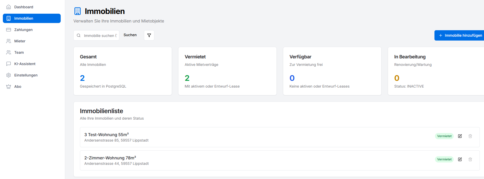 Screenshot: Immobilien-Dashboard in D3 Chain