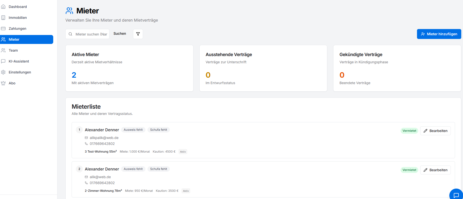 Screenshot: Mieter anlegen und einladen