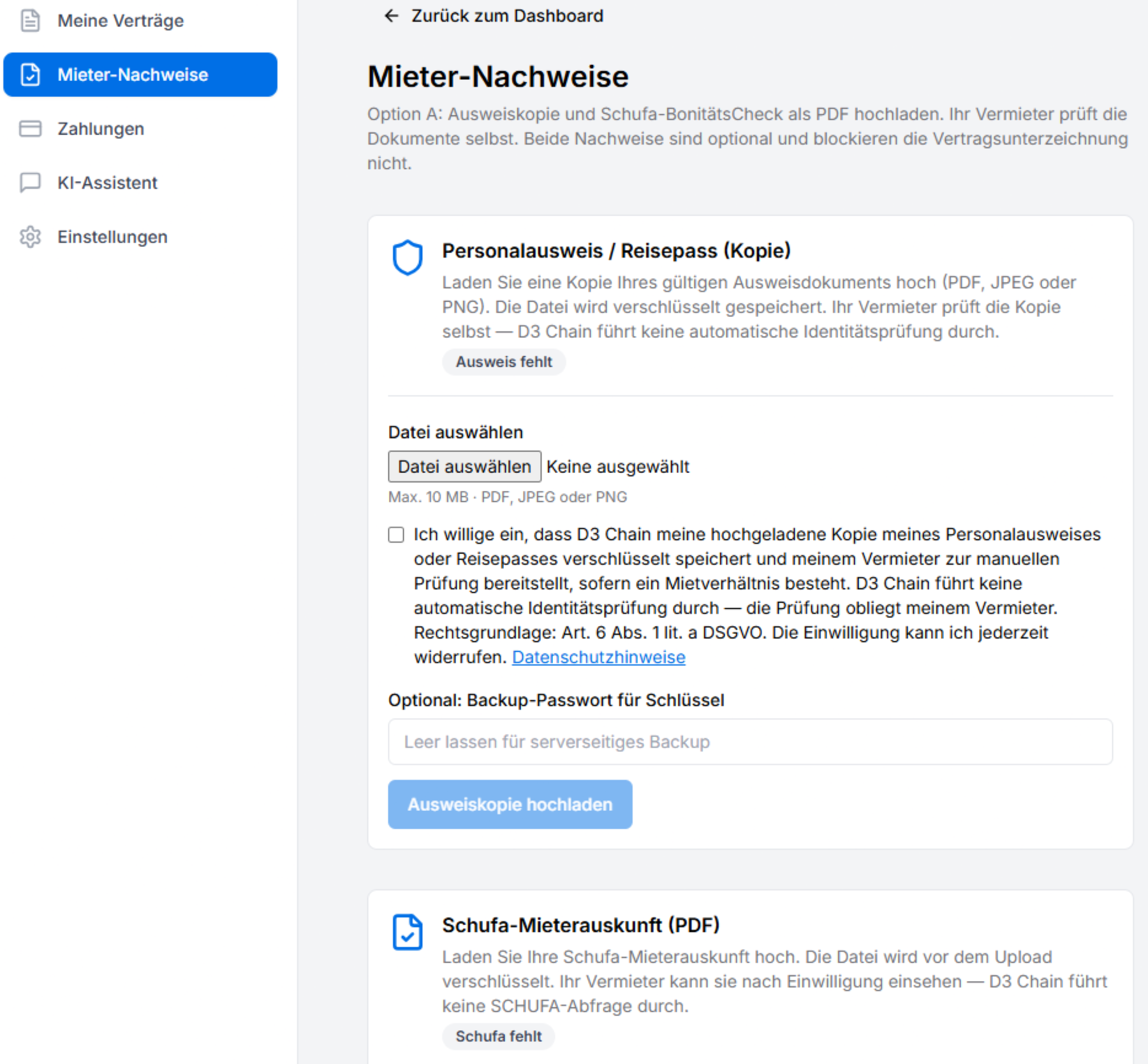 Screenshot: Schufa-Nachweis und Mieter-Nachweise